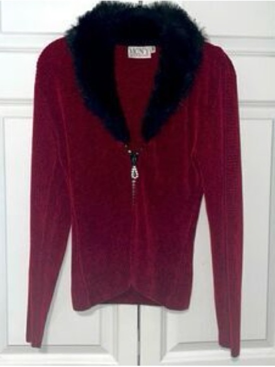 MCNY Sweaters - MCNY Red Zip-Front Cardigan with Black Faux-Fur Collar